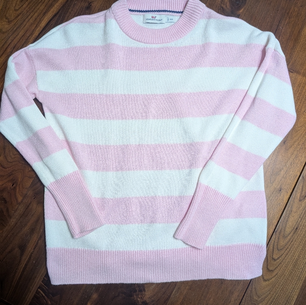 Vineyard Vines Open-Knit Crewneck Sweater XXS Pink White